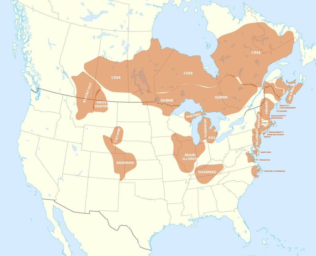 Map of where Algonquin language was spoken