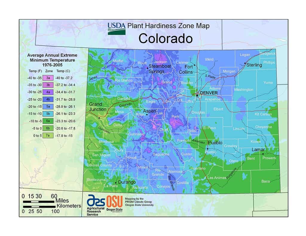 A map showing Colorado's planting zones