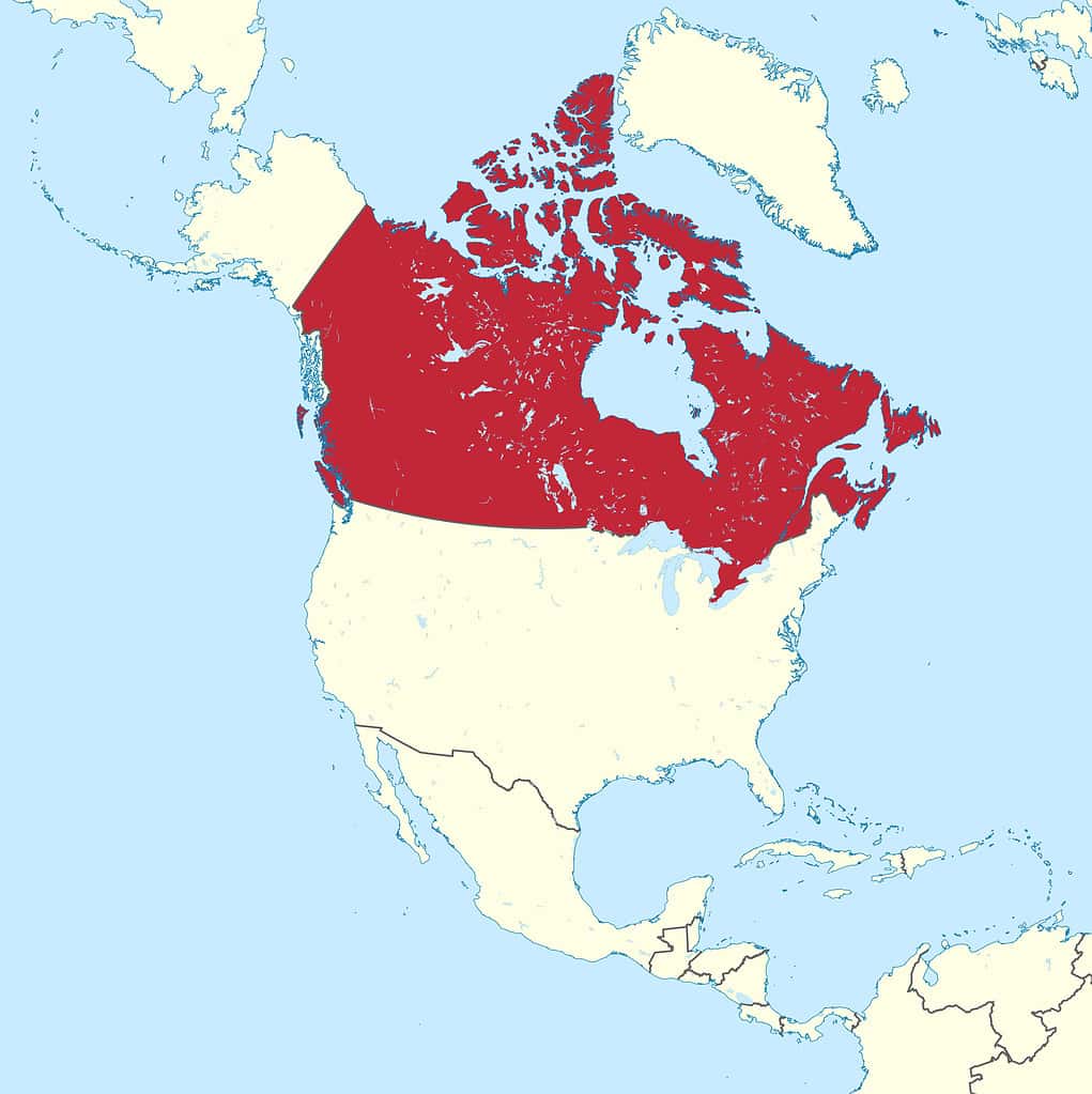 Canada on a map of North America