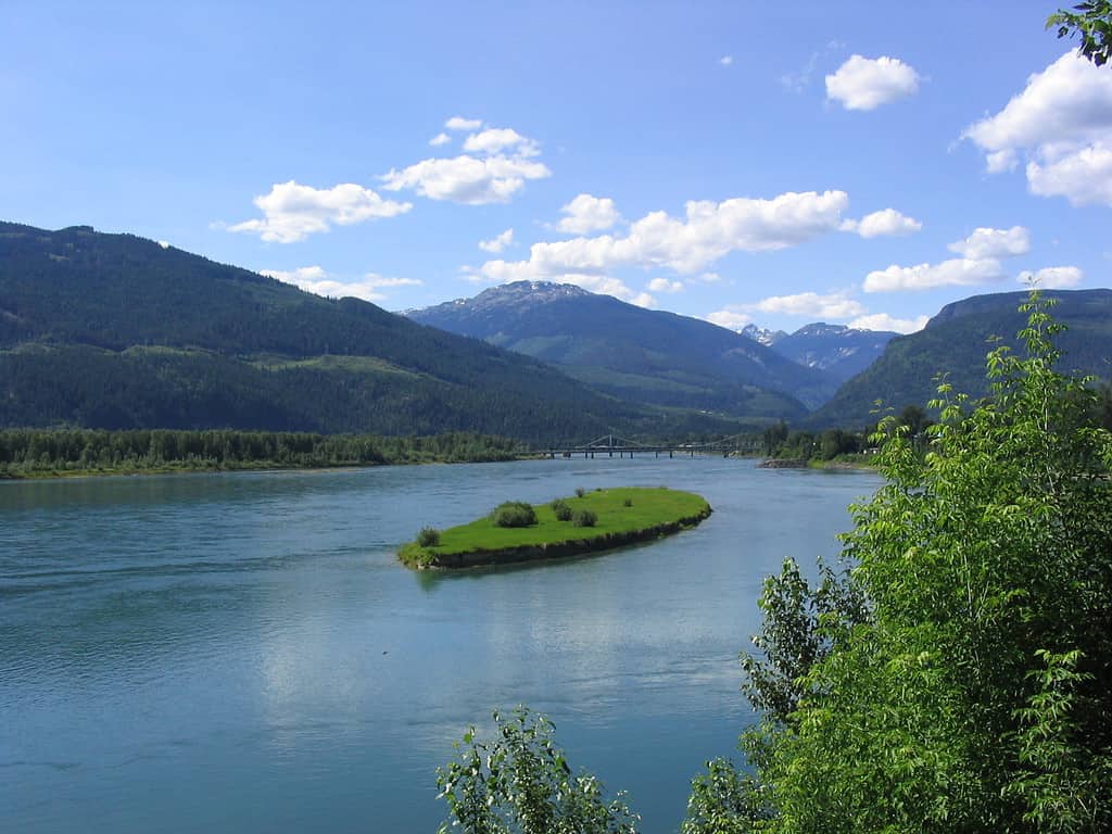Looking up the Columbia River in Revelstoke, British Columbia.