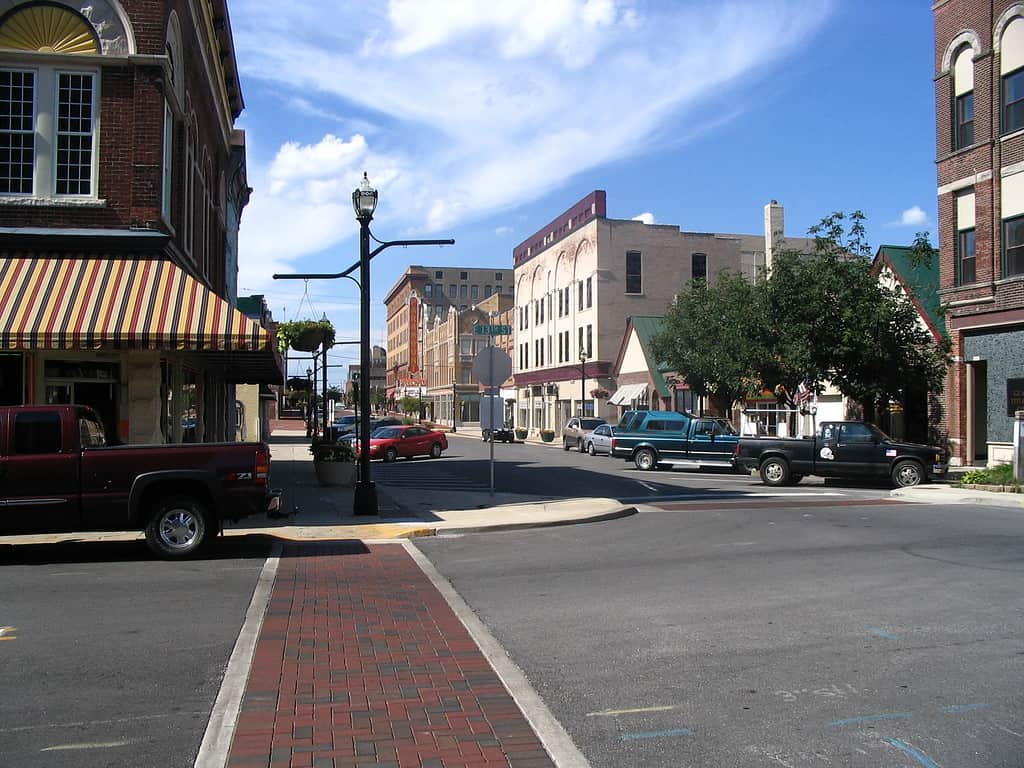 Looking North up Meridian Street at what remains of Anderson's historic downtown core. visible is the Paramount Theater and the large buff-colored Union Building