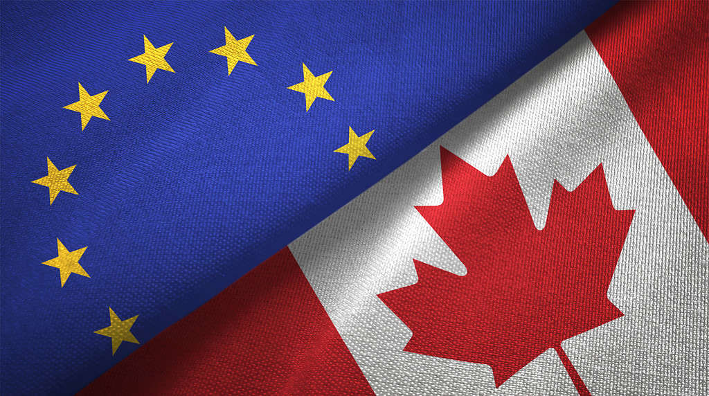 Canada and European Union two flags together realations textile cloth fabric texture