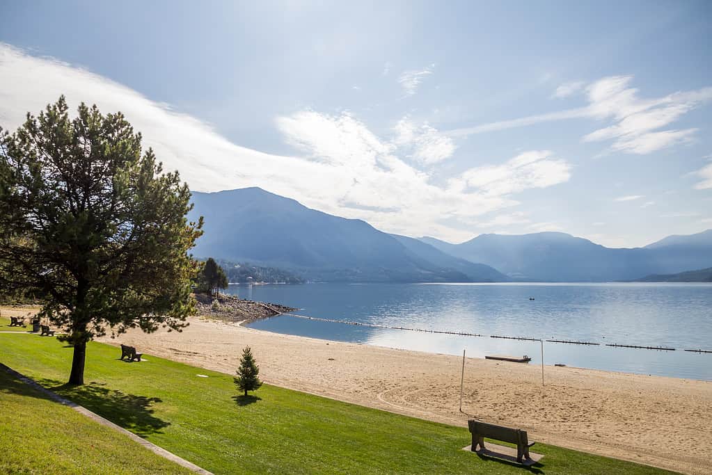 Naksup waterfront and beach on Upper Arrow Lake, BC, Canada