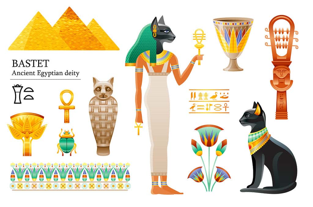 Ancient Egyptian goddess Bastet icon set. Cat deity, cup, flower, mummy, sistrum. God of cosmetics, love sex, joy, pregnancy. 3d cartoon vector illustration. Old art craft. Isolated white background