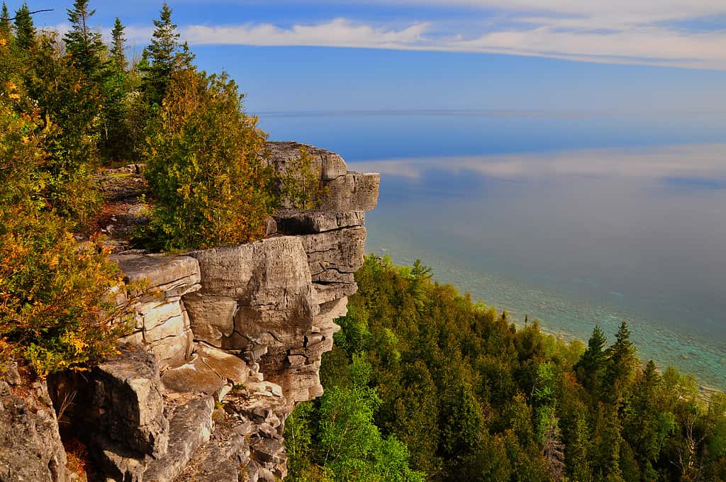 A spring view of Georgian Bay from a limestone cliff on the Lions Head Peninsula along the Bruce Trail, Ontario, Canada