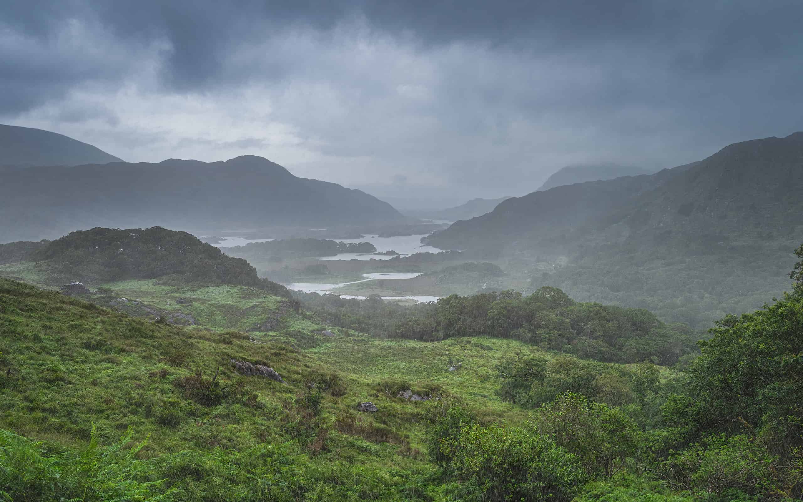 Dramatic storm sky, mist and heavy rain in Ladies View