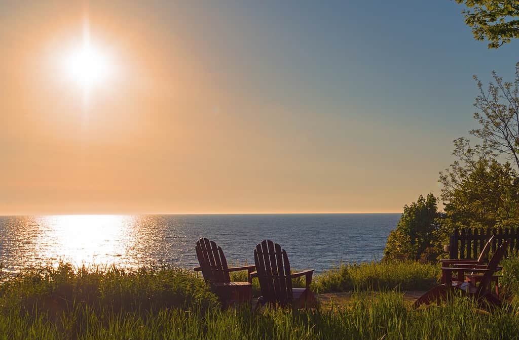 Sunset on Lake Michigan with Adirondack Chairs-Dennis Michigan
