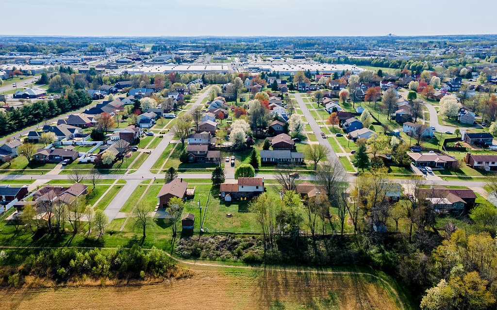 Aerial view of Elizabethtown, KY with a residential neighborhood in the foreground.