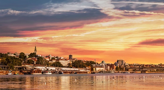 Belgrade Downtown Sunset Panorama Viewed From Sava River Perspective