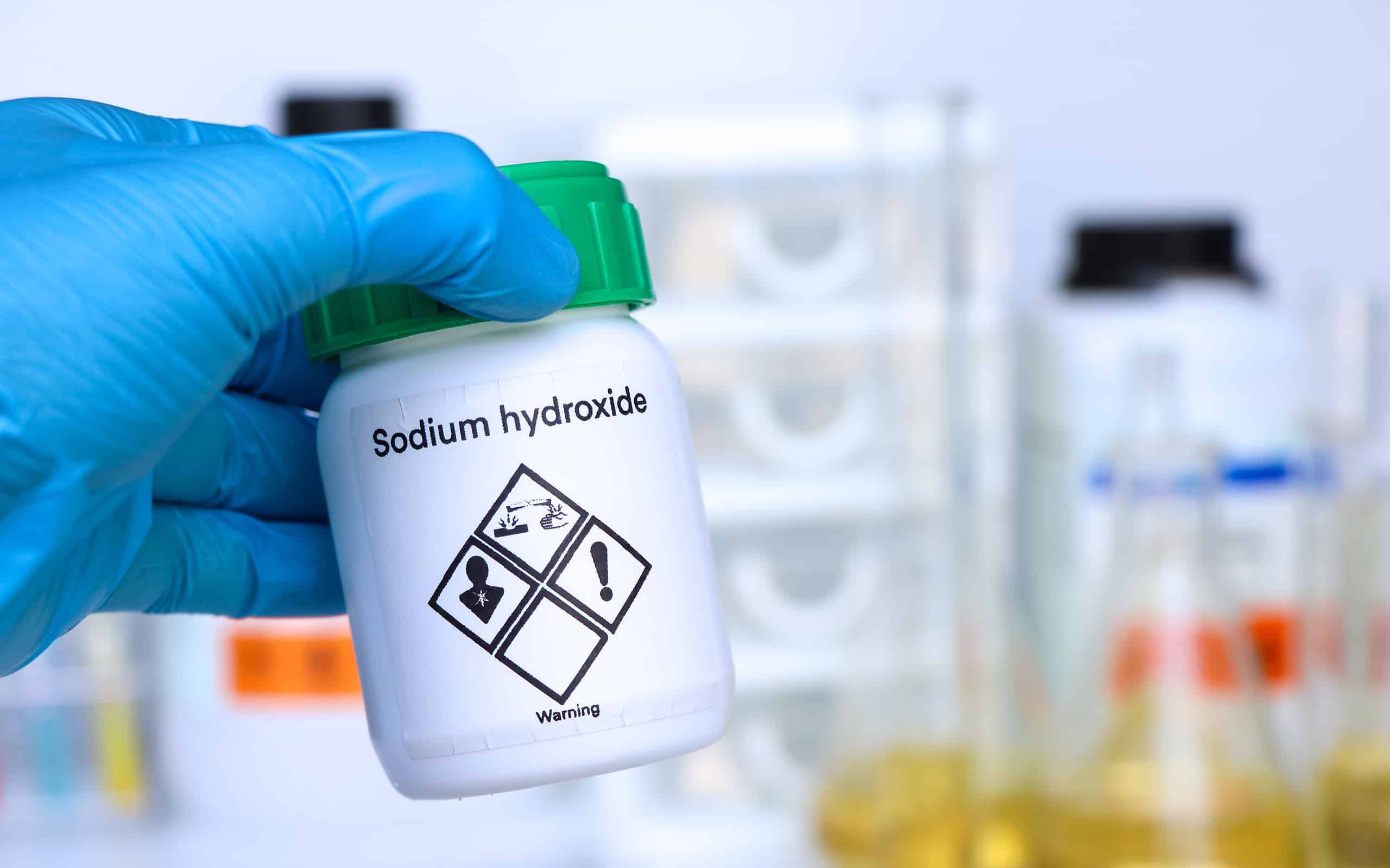 Sodium hydroxide in glass, chemical in the laboratory