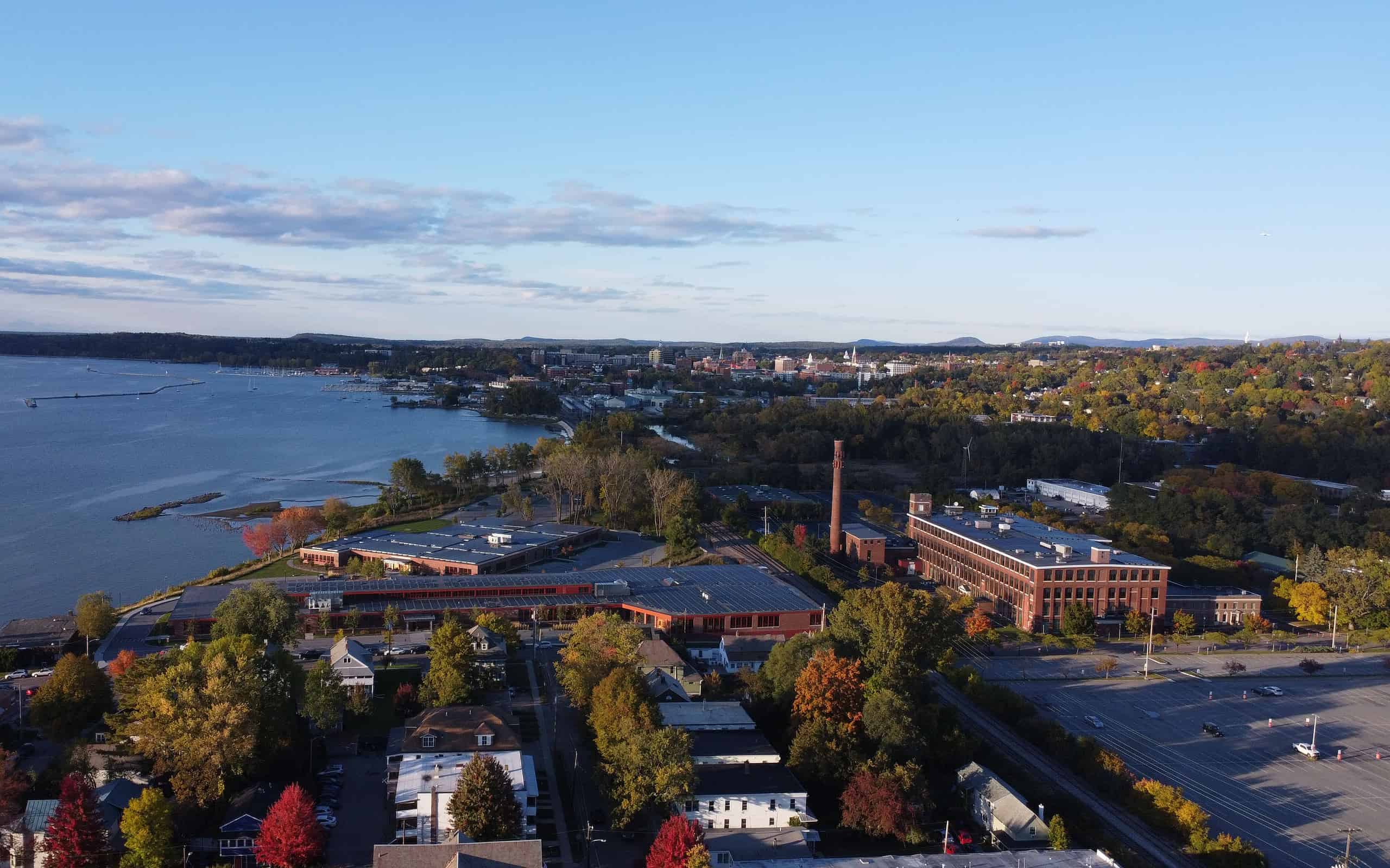 Aerial view of a coastal town and the sea in Burlington, Vermont