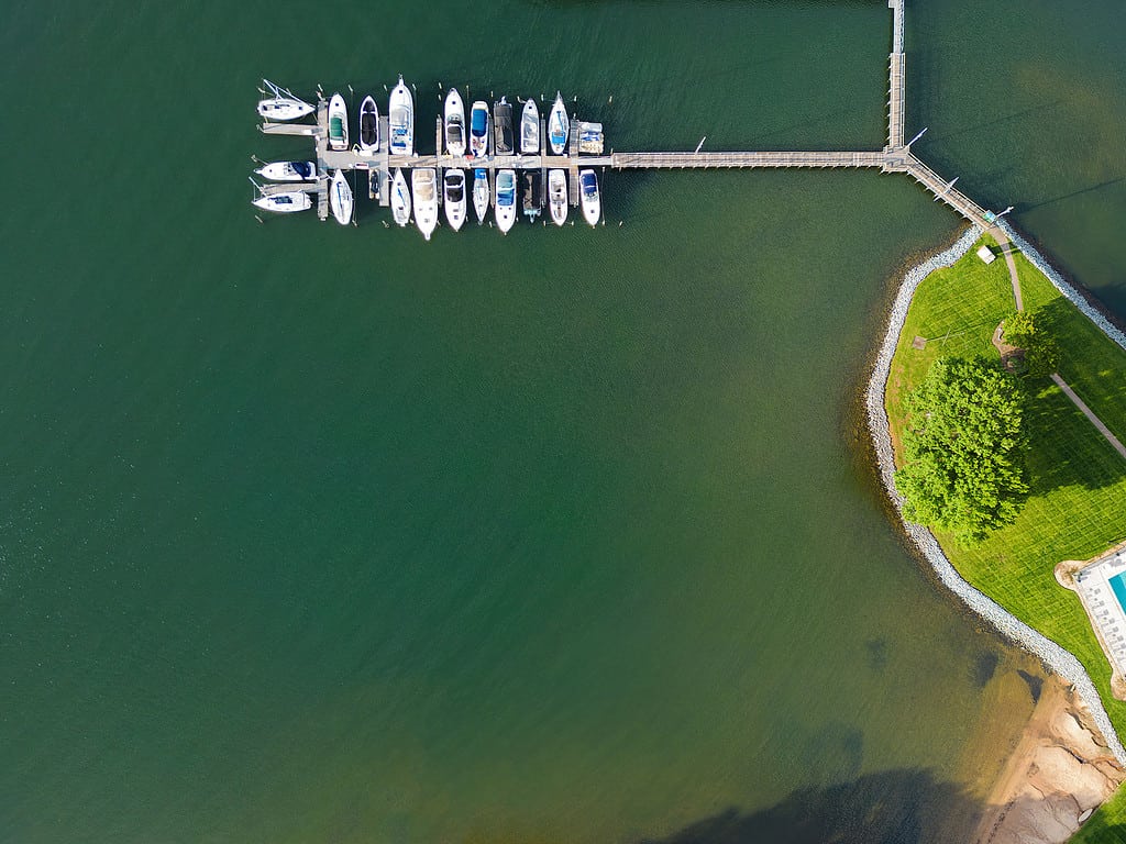 Aerial shot of a picturesque harbor on Lake Norman in Cornelius, North Carolina