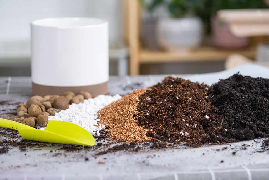 Ingredients for the soil of home potted plants, peat, earth, sand, perlite, vermiculite, coconut. A mixture for planting plants in a pot. Layout