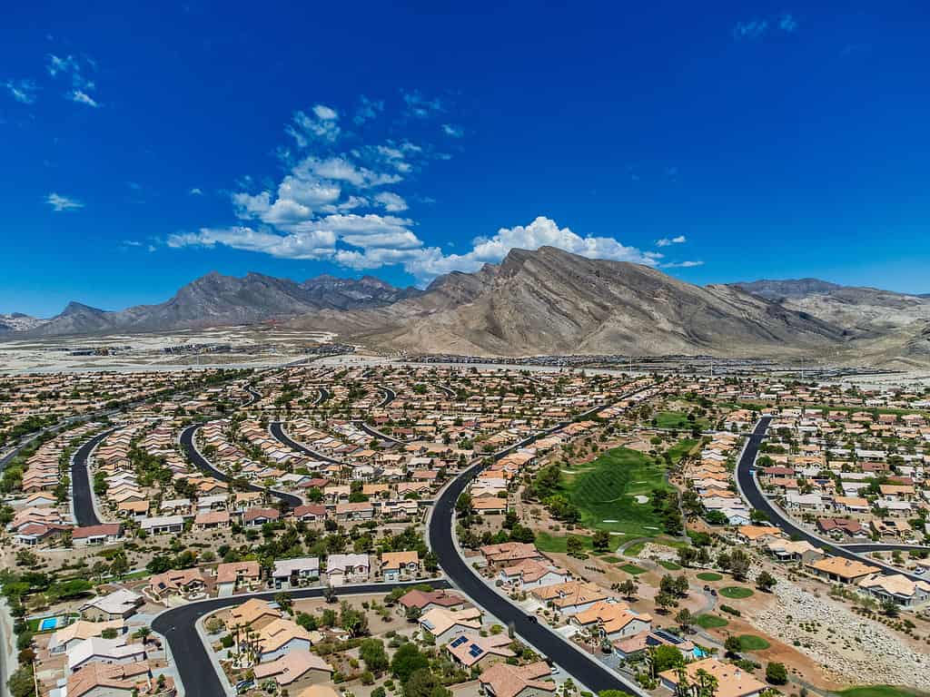 Aerial shot of the Summerlin under a blue sky and sunlight in Las Vegas, Nevada