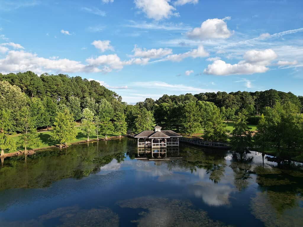 Aerial view of a lake in a forested landscape in Florence, Alabama