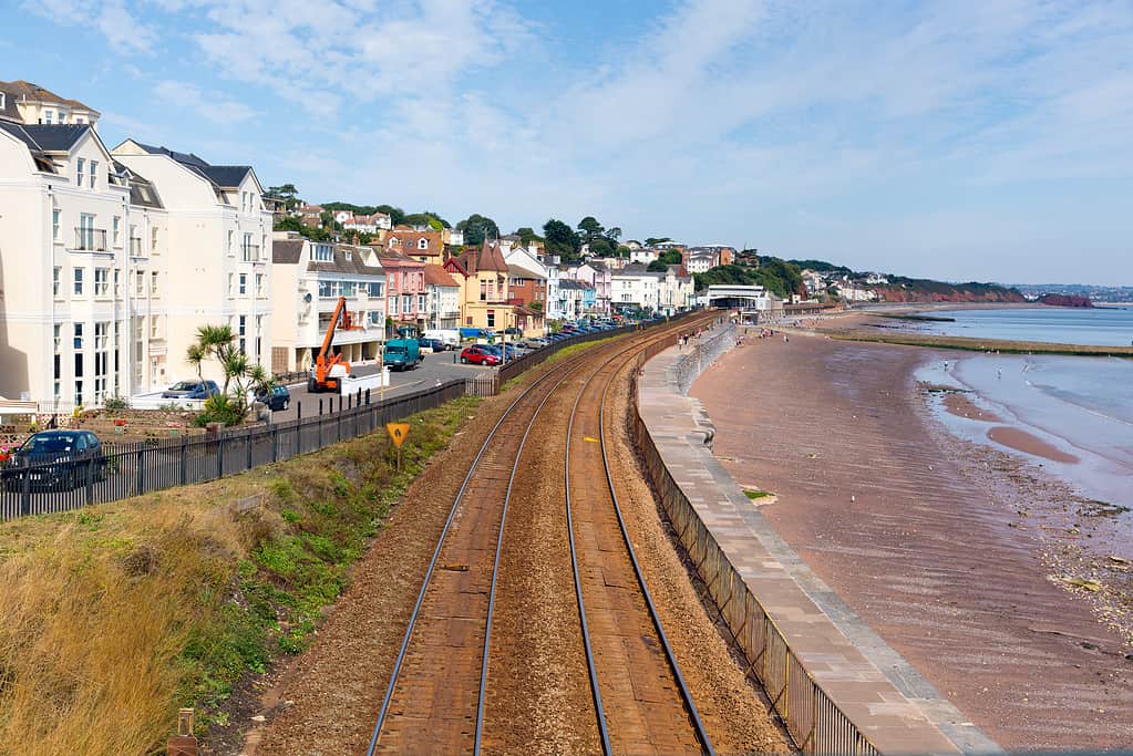 Dawlish Devon England with beach railway track and sea