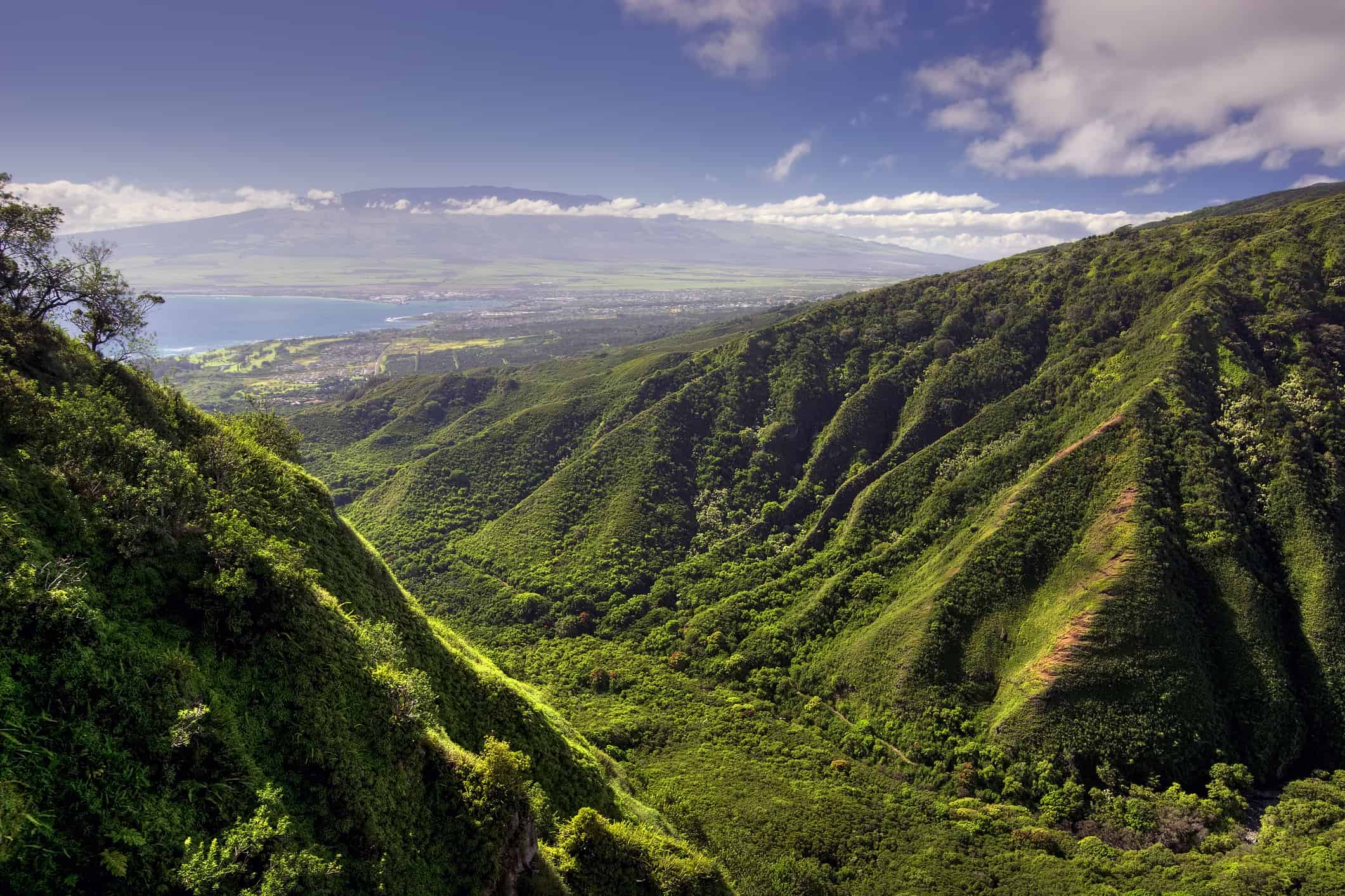 Waihee Ridge Trail and view of Kahului and Haleakala, Hawaii
