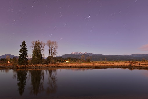 Alouette River and Golden Ears Mountain with aurora borealis