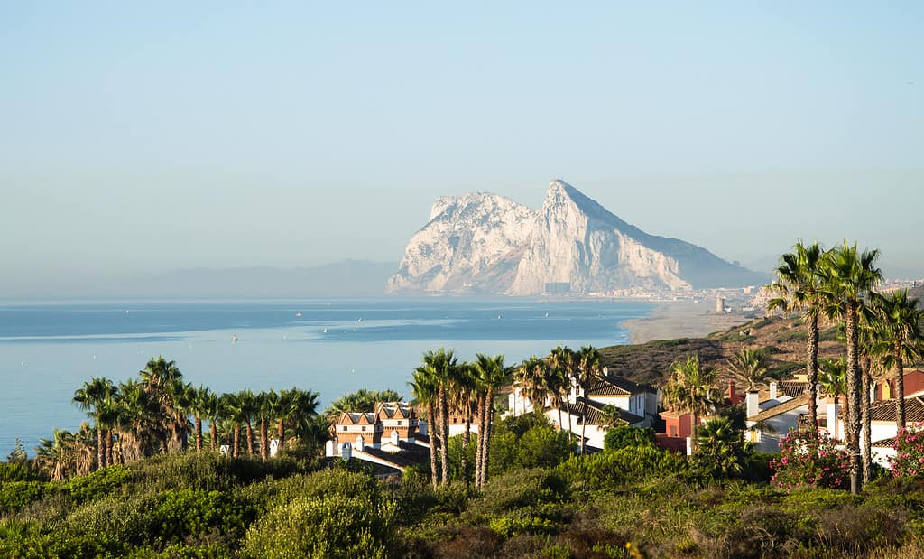 Landscape with the rock of Gibraltar in the background.