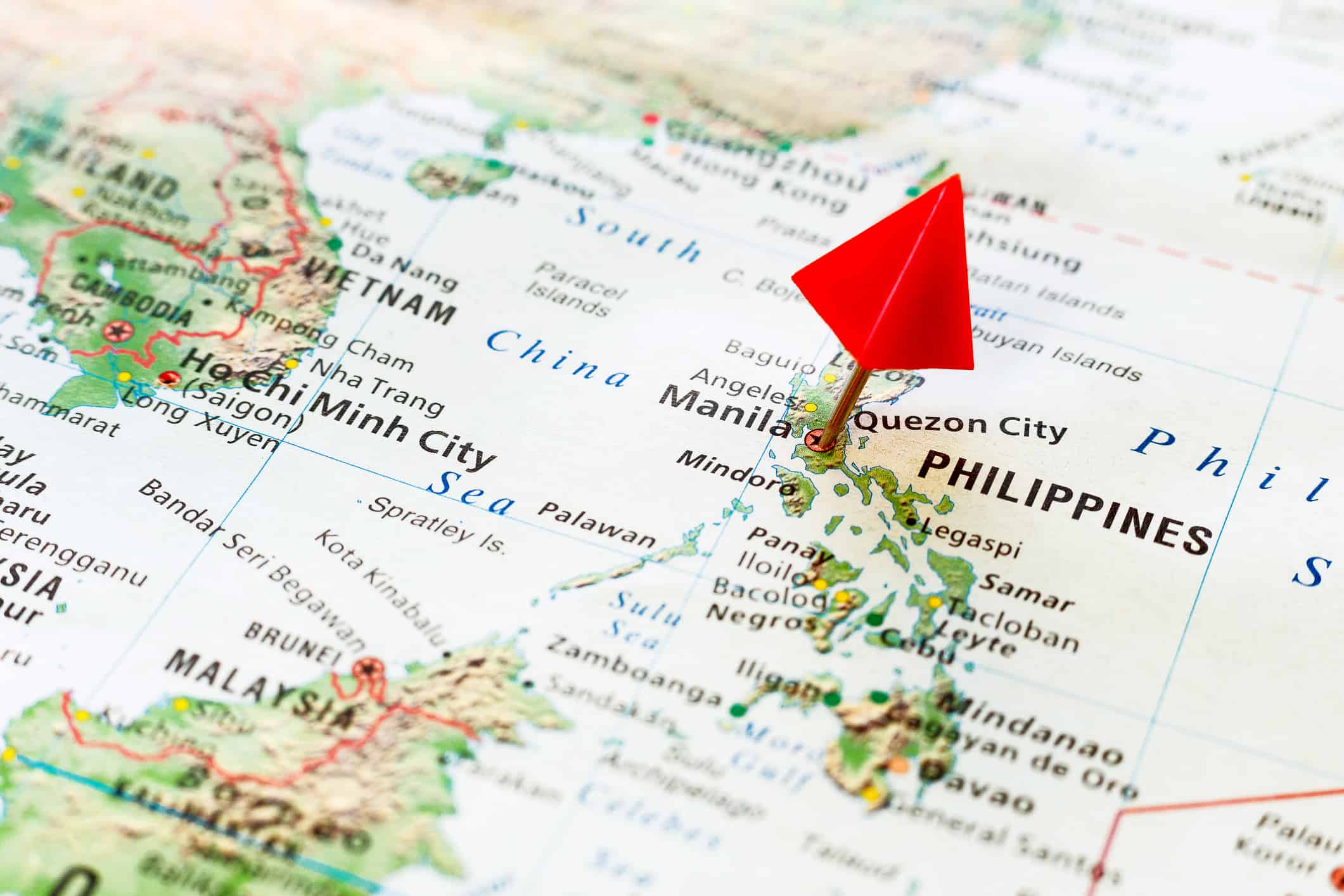 World map with pin on city of Philippines, Manila.