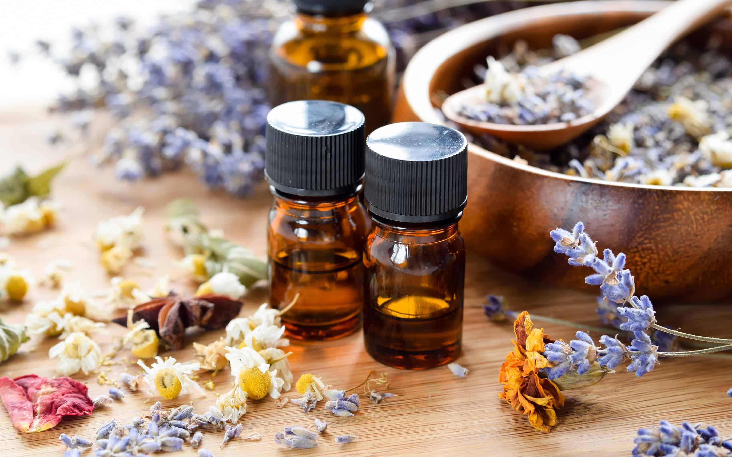 dried herbs and essential oils