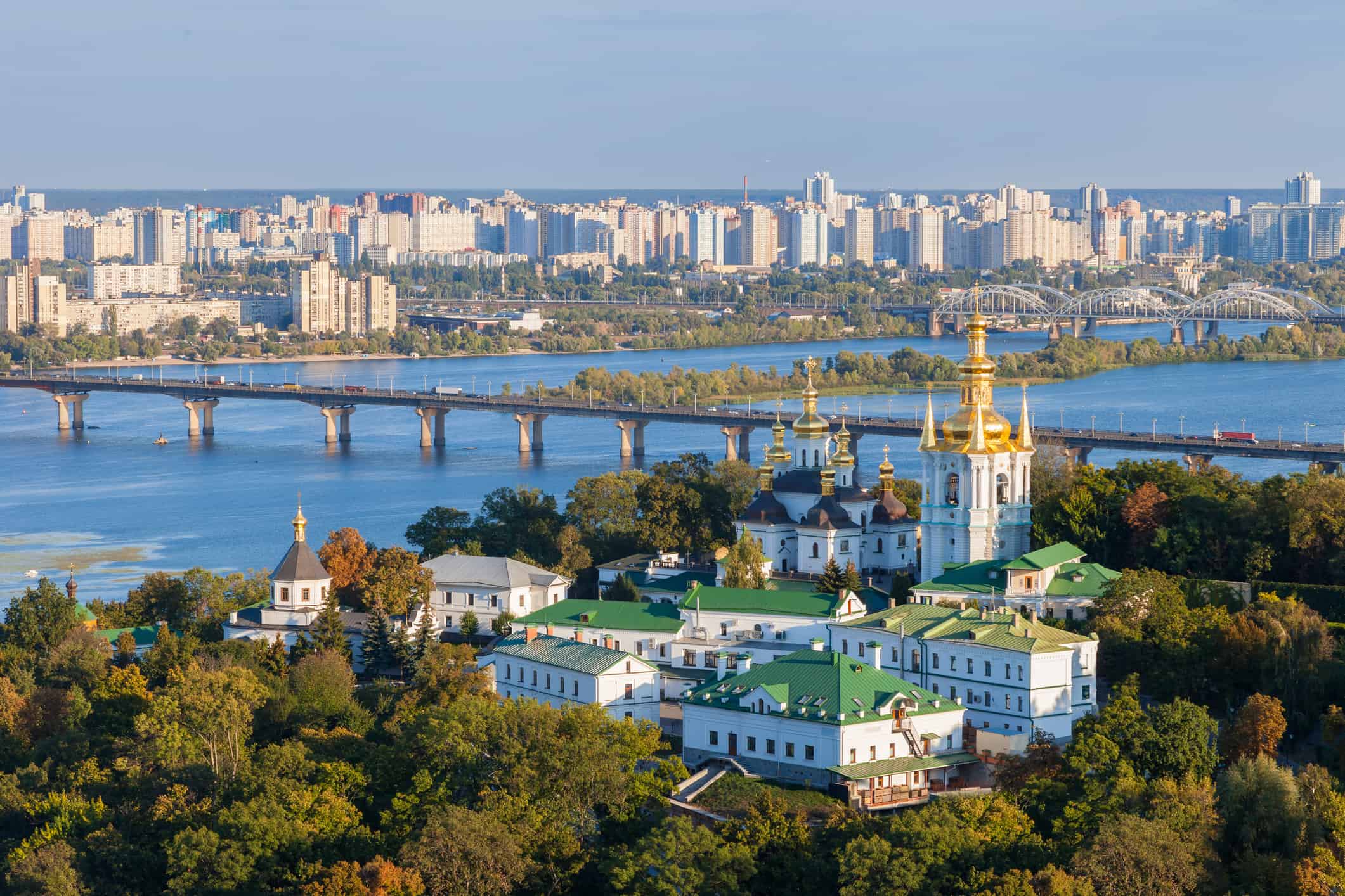 View of Kiev Pechersk Lavra and Dnepr river. Kiev, Ukraine.