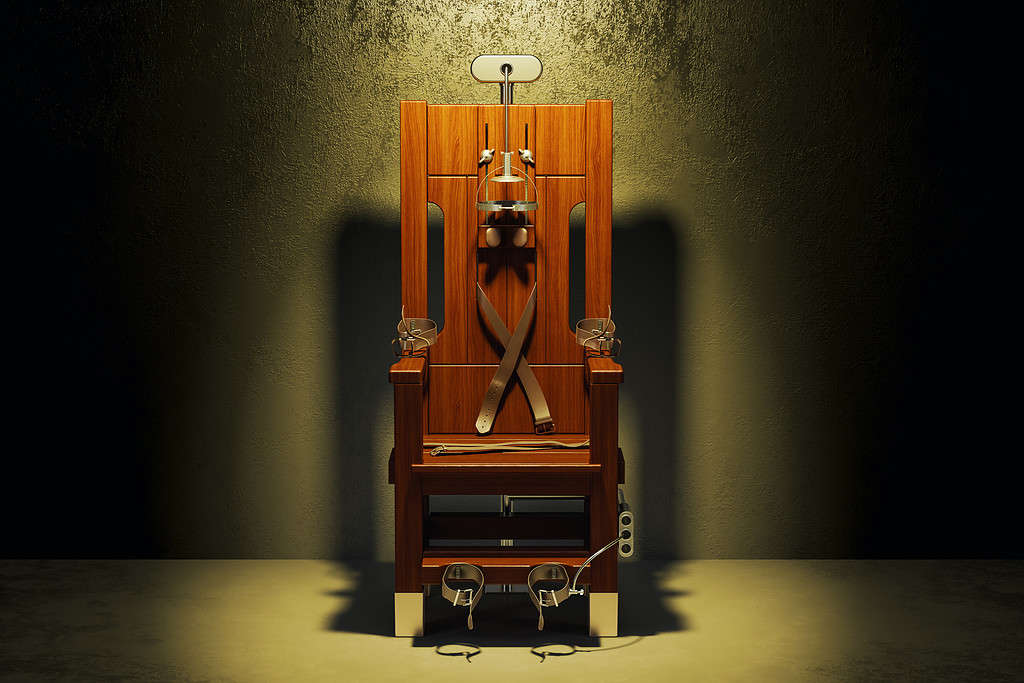 Electric chair in the dark room, 3D rendering