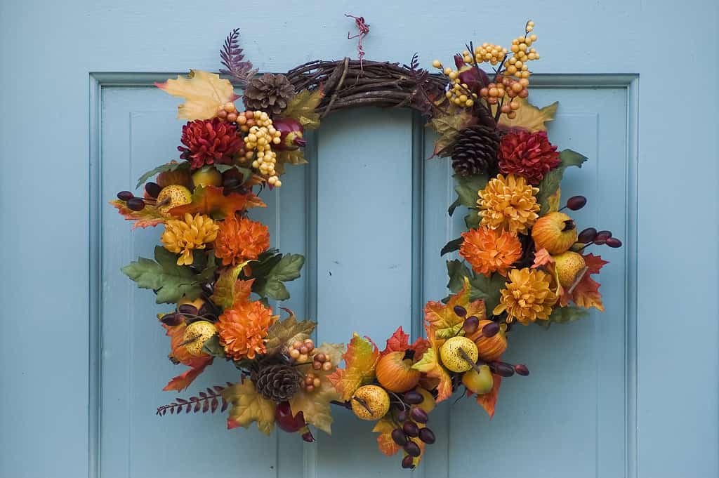 Thanksgiving wreath on a blue door