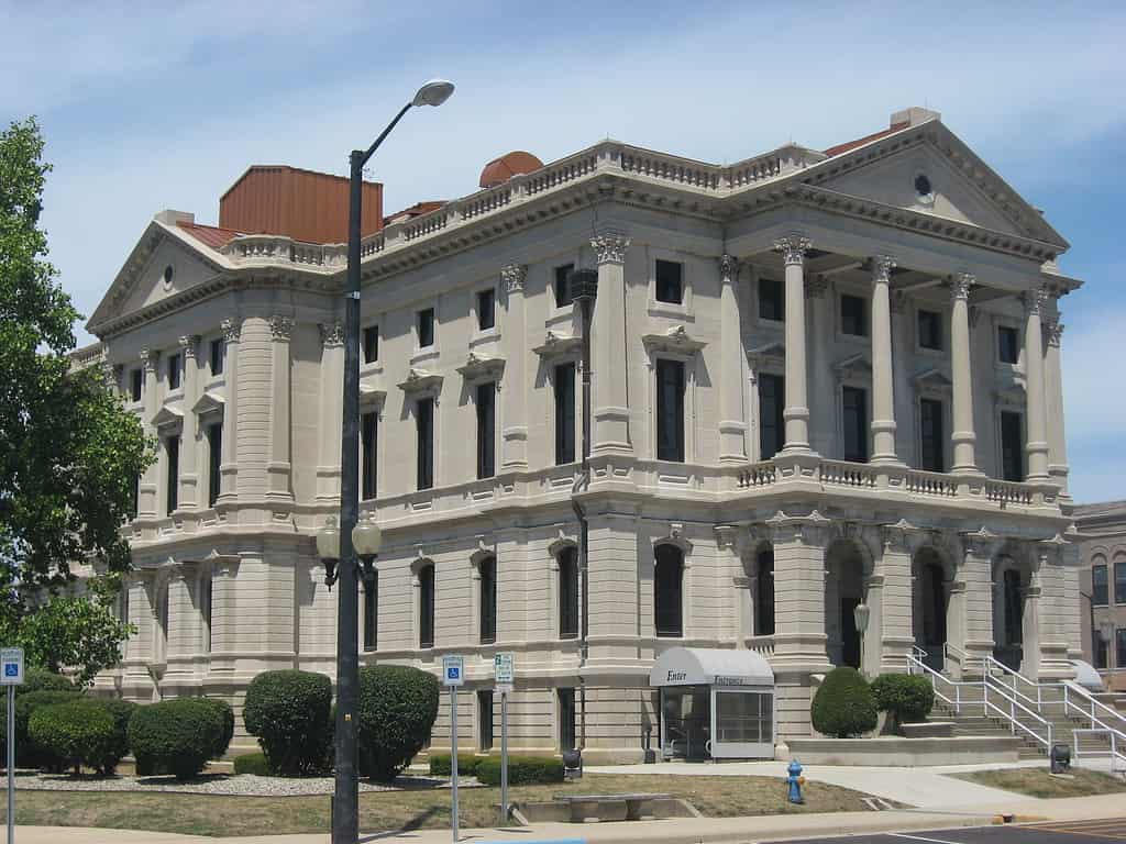 Southern front of the Grant County Courthouse, located on Courthouse Square (Fourth/Adams/Third/Washington Streets) in downtown Marion, Indiana, United States.
