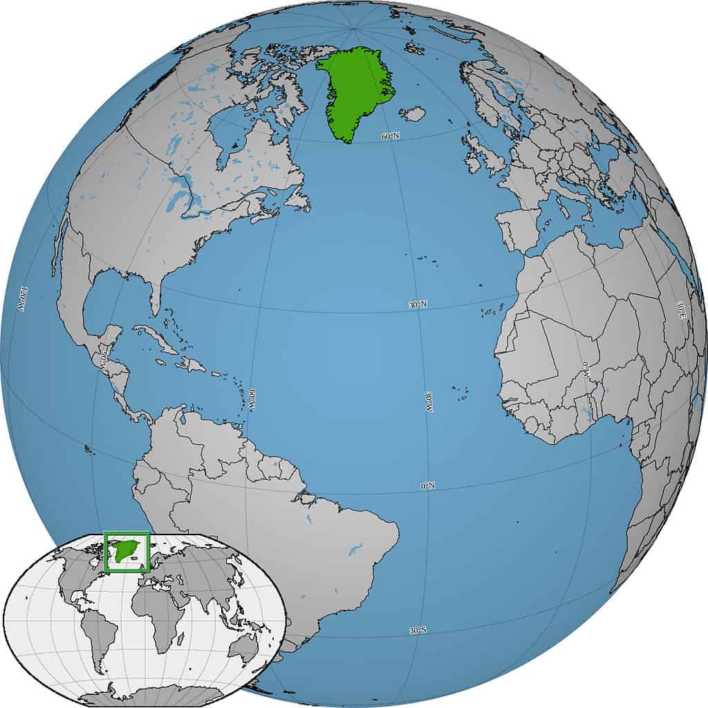 World map showing the location and shape of Greenland.