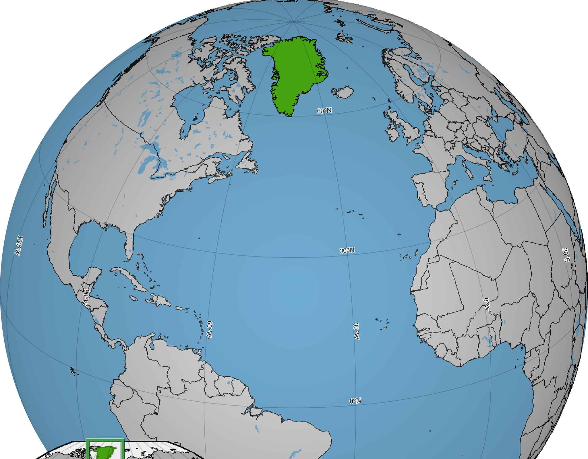 World map showing the location and shape of Greenland.