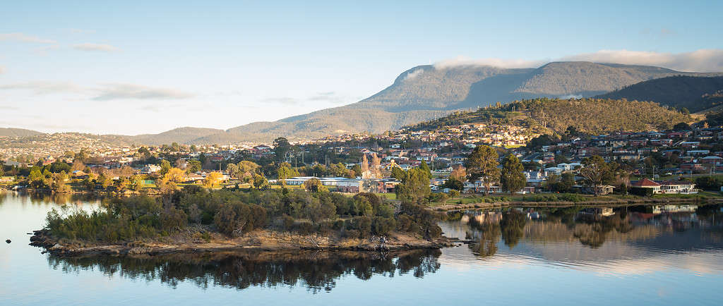 View from the the Museum of Old and New Art (MONA) towards Mount Wellington. Rosetta, a northern suburb of Hobart in the foreground.