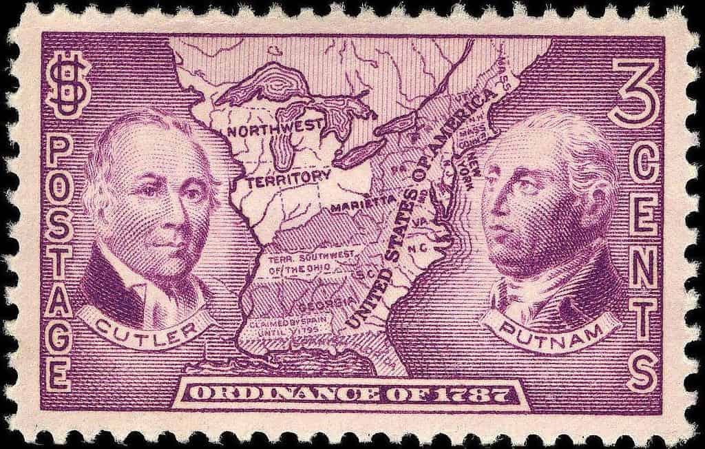 US Postage Stamp: Ordinance of 1787, Issue of 1937. Depictions of Manasseh Cutler and Rufus Putnam.