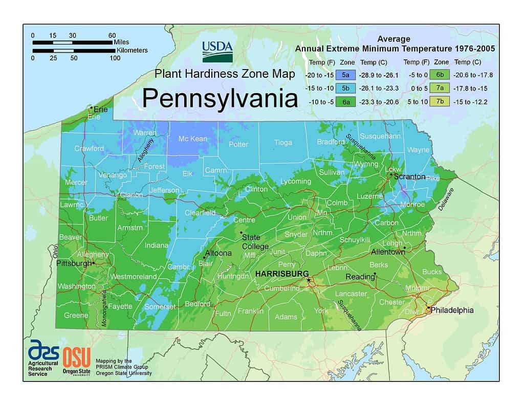 A map showing Pennsylvania's USDA Hardiness Zones.