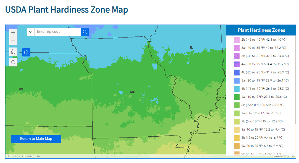 Hardiness zone map for Missouri