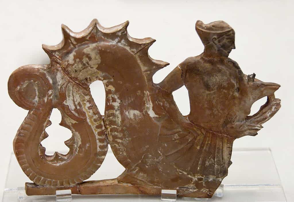 The sea-monster Skylla. Terracotta plaque, Melos, 460–450 BC. Found on Aegina.