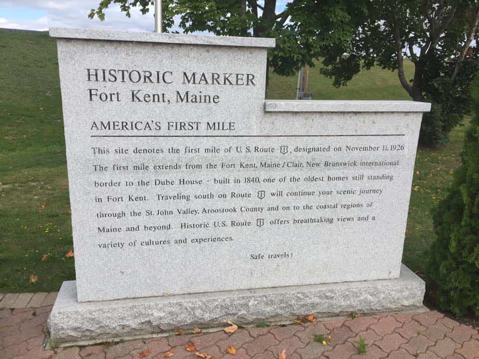 Historical marker to honor the start of the first mile of US Route 1 in Fort Kent, Maine.