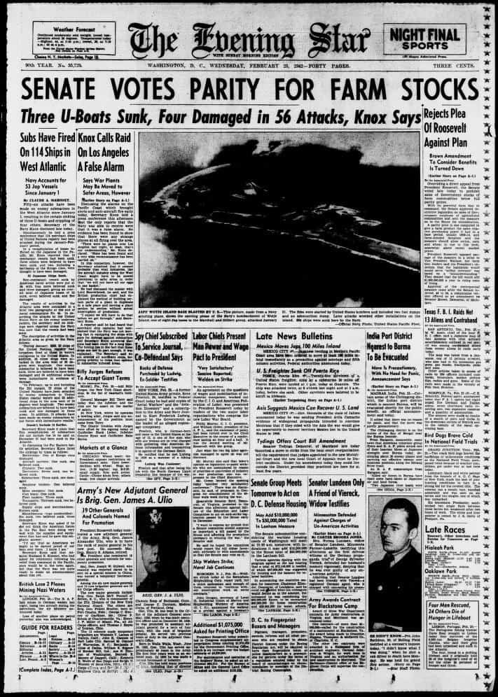 Evening star Newspaper front page (Washington, D.C.), February 25, 1942
