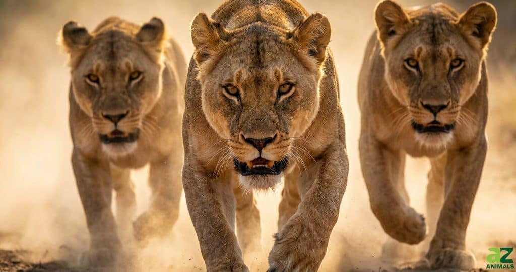 A 'united front' of predators moving in sync creates a sense of overwhelming force. The dust and motion blur suggest a high-speed chase that is just beginning, sparking curiosity about the outcome.