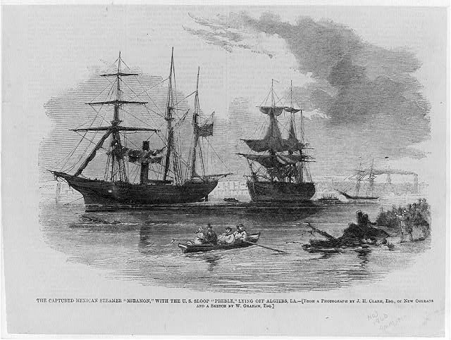 wood engraving of The captured Mexican steamer MIRAMON, with the U.S. sloop PREBLE, lying off Algiers, La.