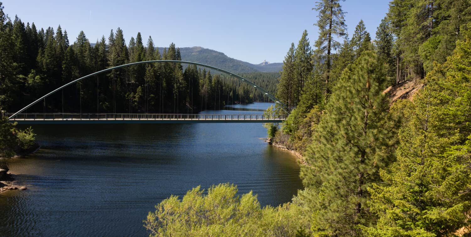 A pedestrian walkway has been built crossing the Lake Siskiyou Reservoir in Northern California