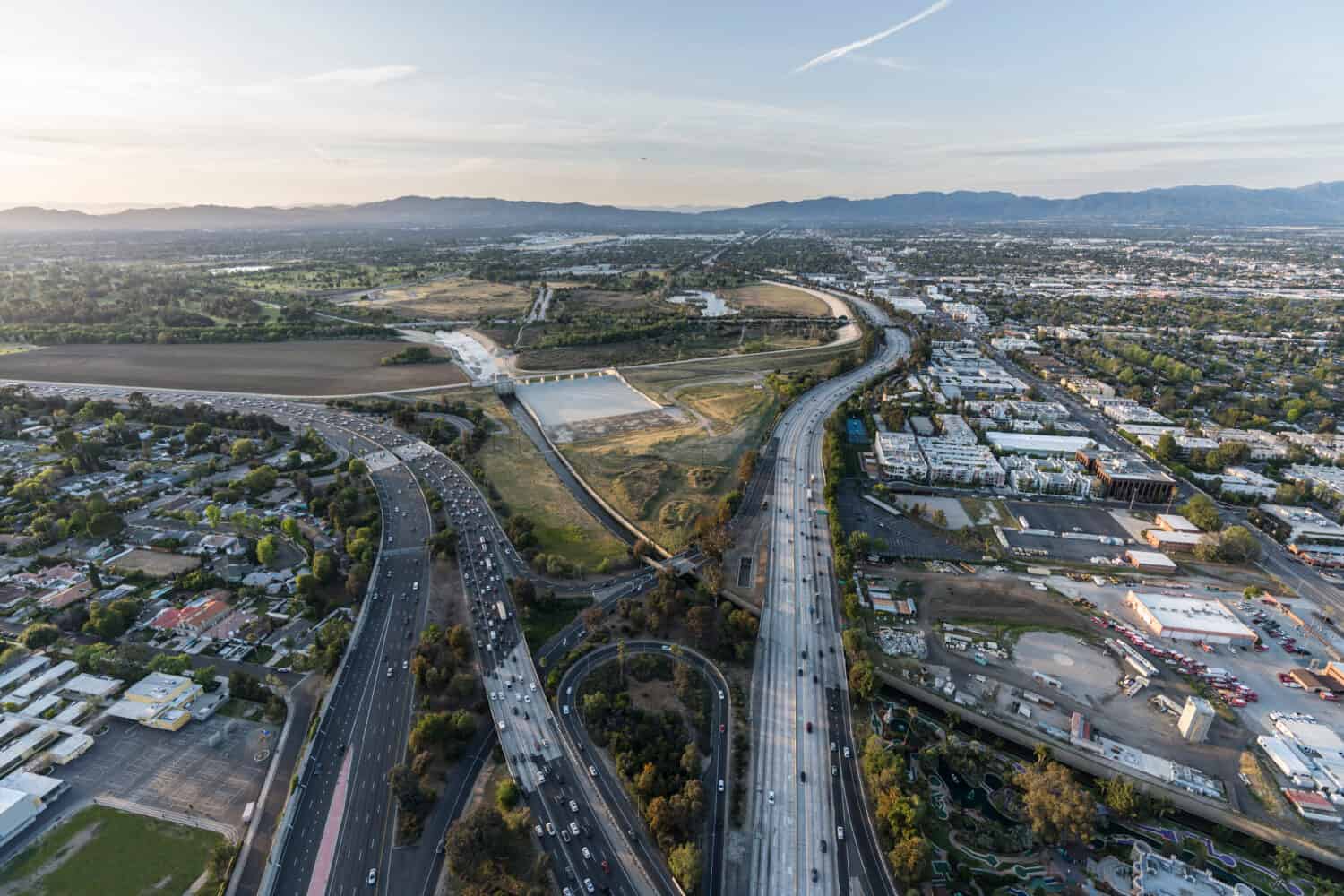Aerial view of the Ventura 101 and San Diego 405 Freeways at the Sepulveda Basin in the San Fernando Valley area of Los Angeles, California.  
