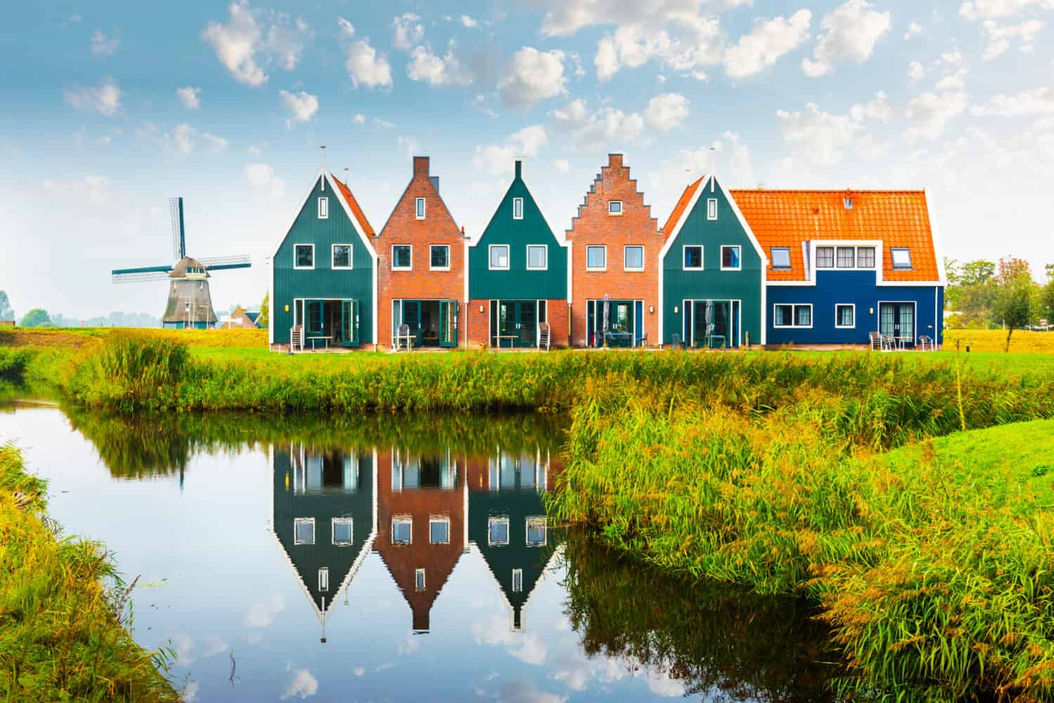 Volendam is a town in North Holland in the Netherlands. Colored houses of marine park in Volendam. North Holland, Netherlands.