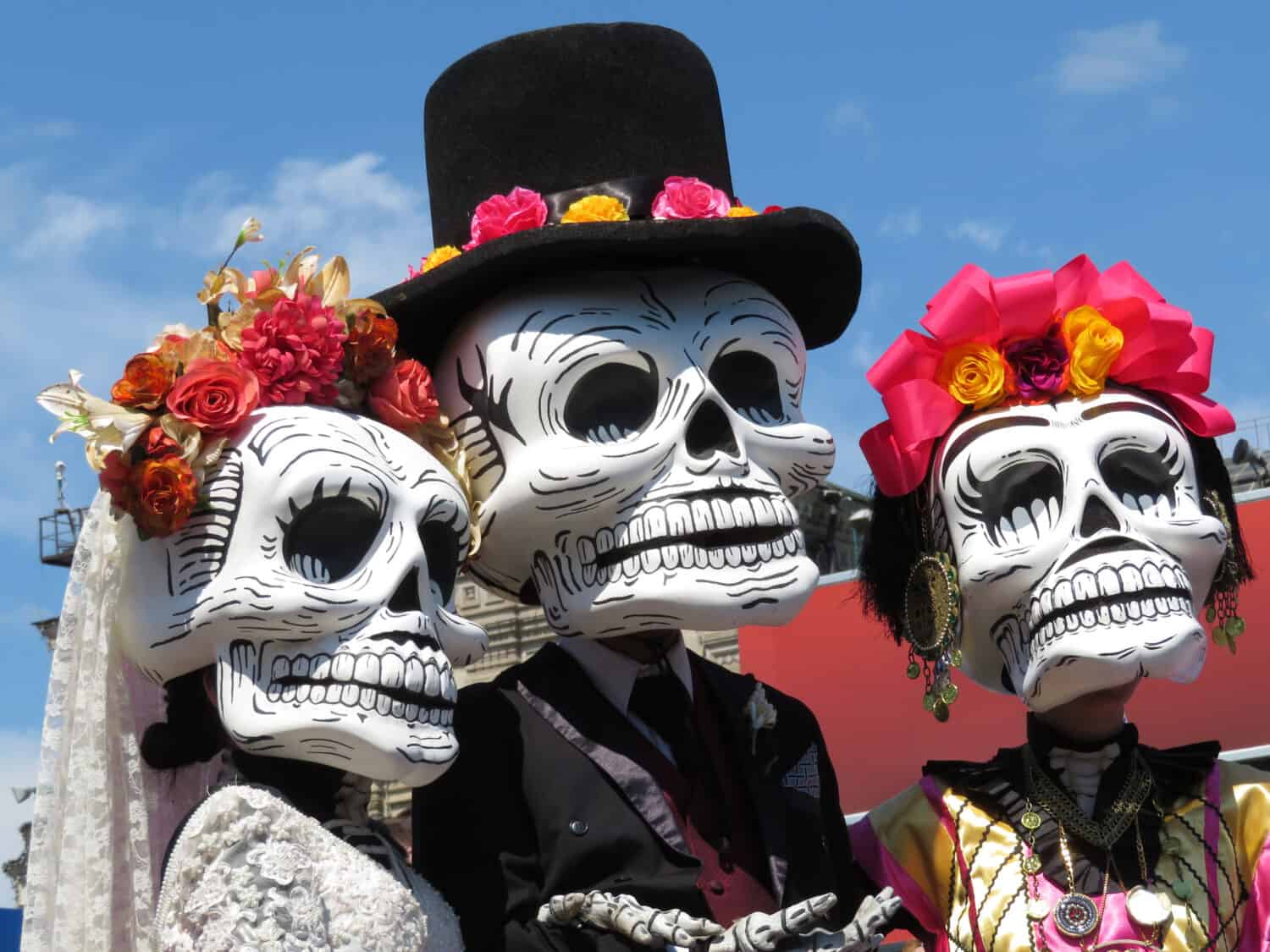 Dia de los Muertos, Day of the Dead. Participants of the Mexican holiday in death masks