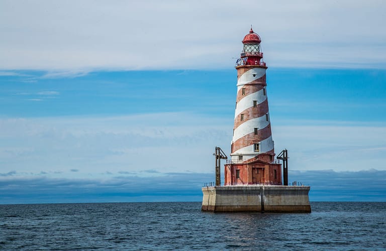 The White Shoals Lighthouse on Lake Michigan is 20 miles west of the Mackinac Bridge & is an aid the navigation on the lake. It opened in 1910.