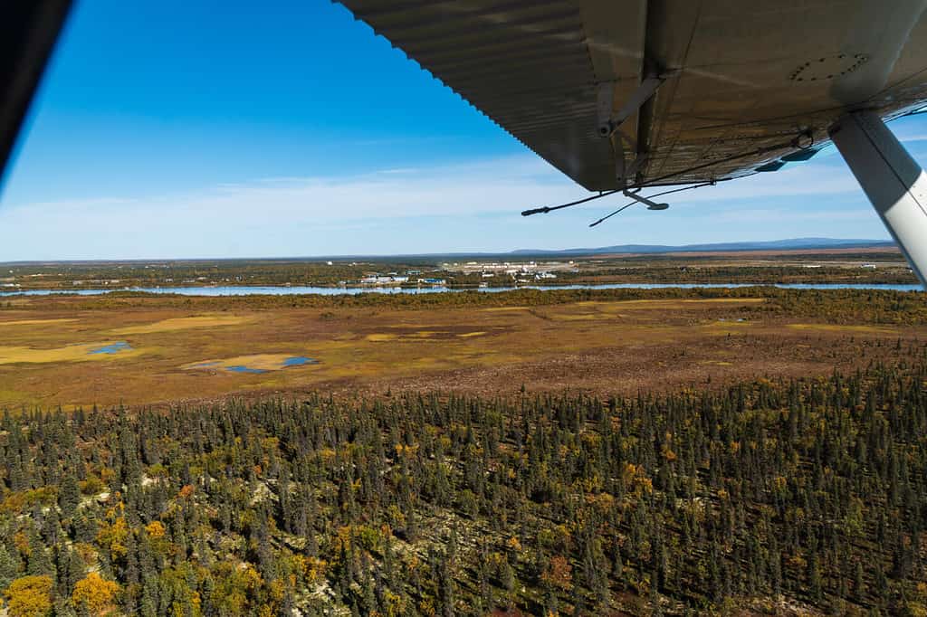 Aerial view of Alaskan tundra landscape, town of King Salmon in background, Alaska, USA, airplane wing