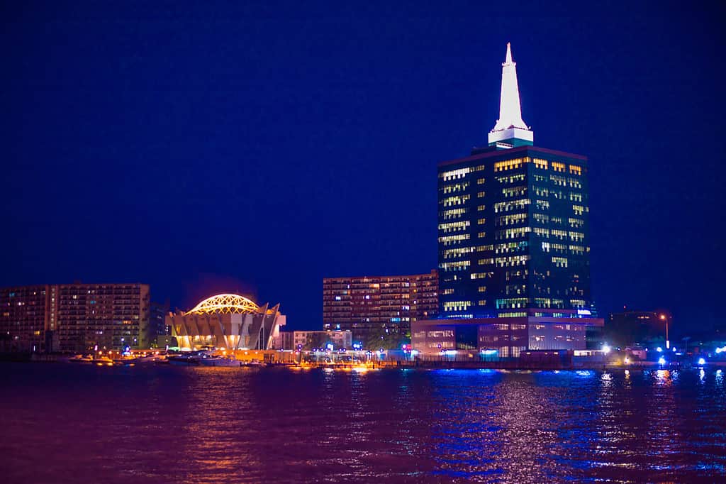 A view of the Lagos Lagoon at night, Victoria Island in Lagos, Nigeria