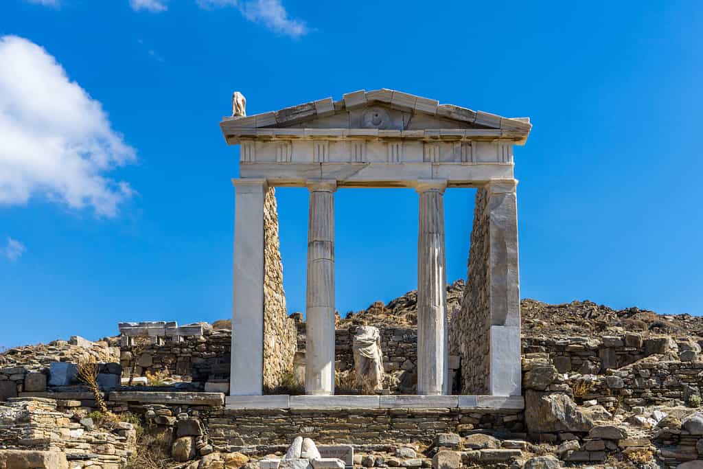 The ancient monuments and ruins on the sacred island of Delos, Greece. The birth place of god Apollo.