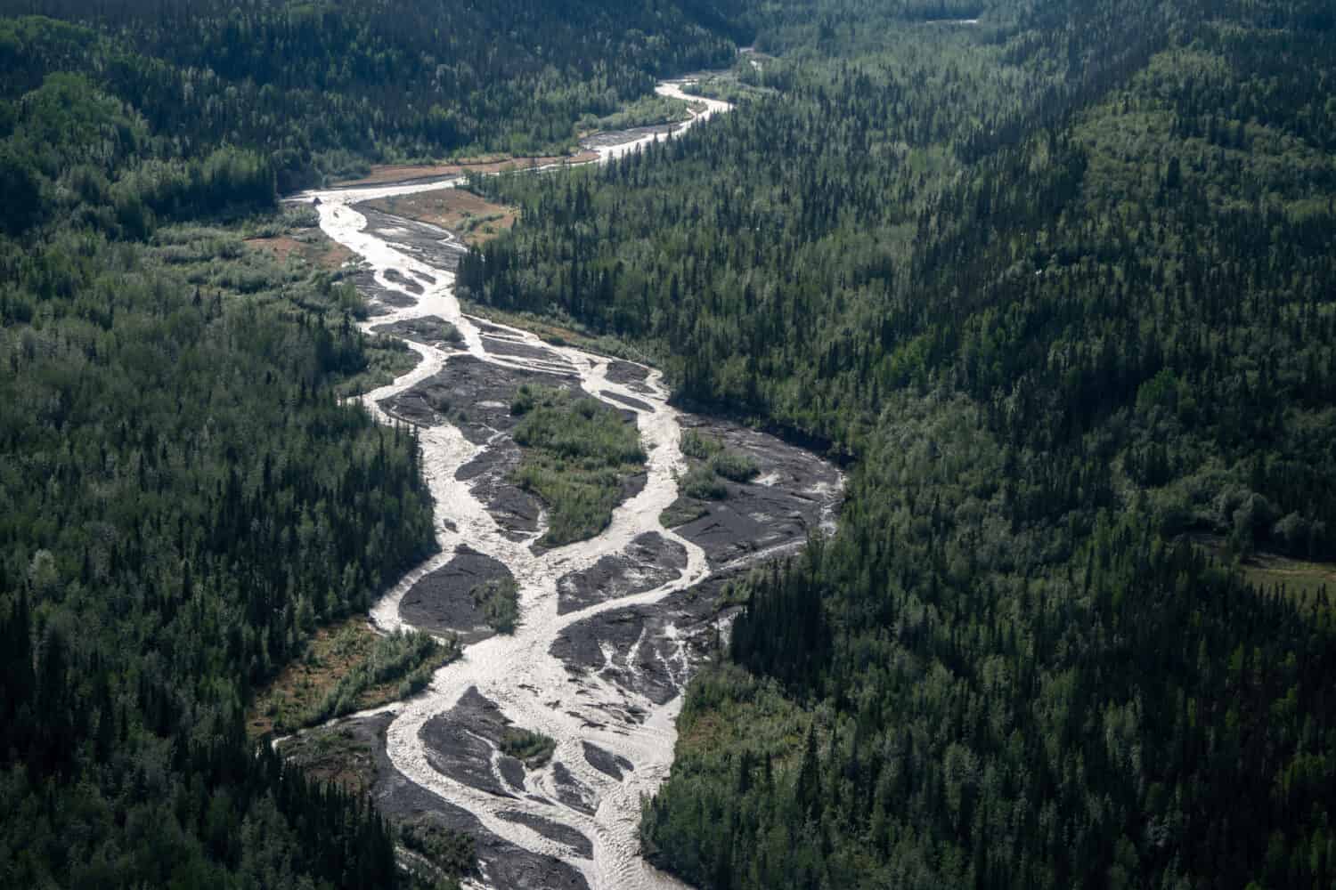 Aerial view of the braided Kennicott River near McCarthy Alaska