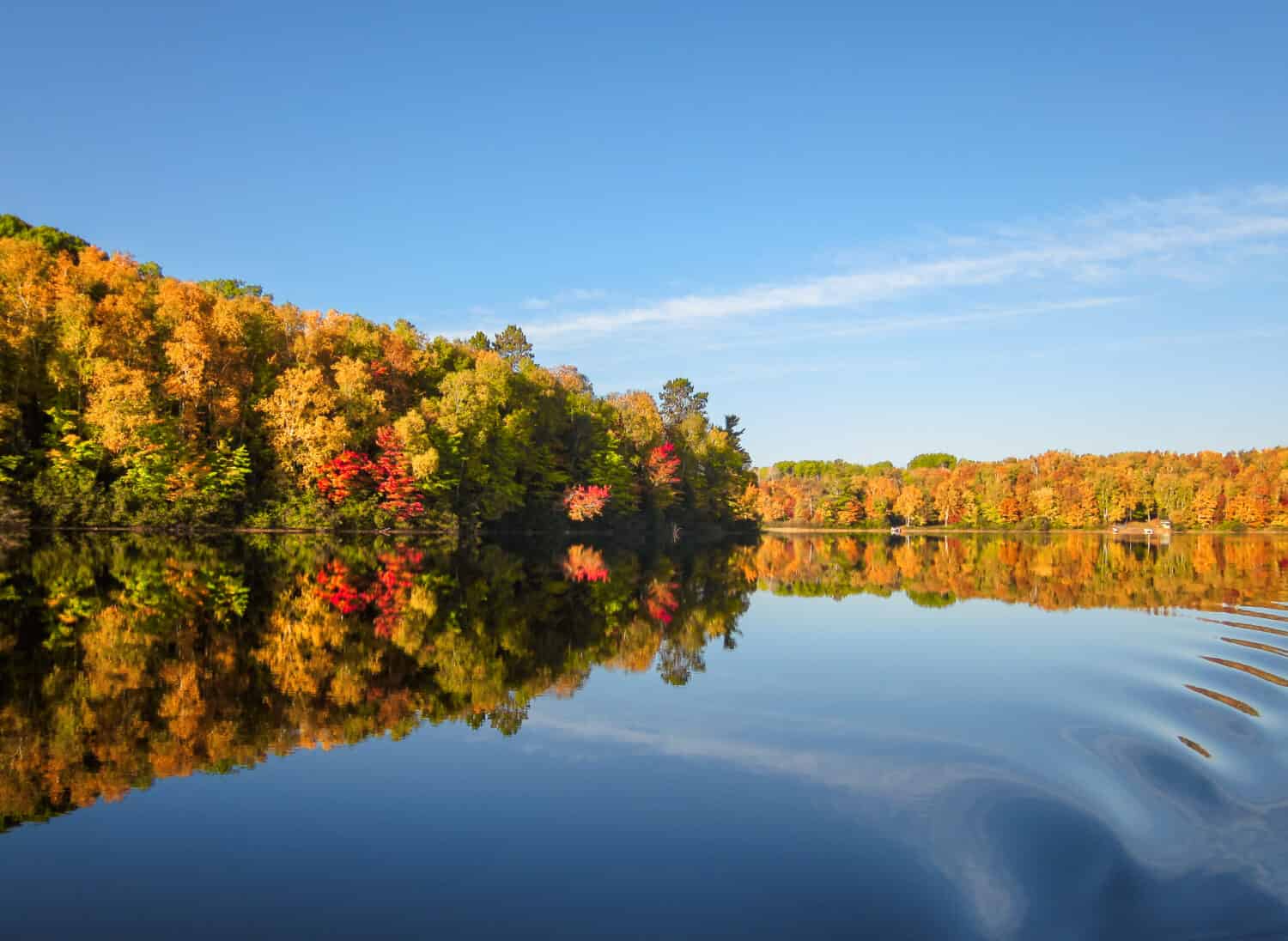 Fall colors trees reflection blue lake waters. Horizontal autumn landscape. No people.